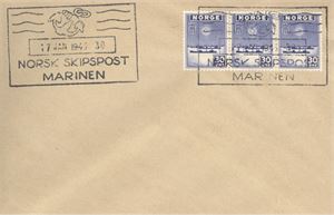 NK 336 30ø London, 3-stripe på Brev st Norsk Skipspost MARINEN 30  (Ubåten Urædd) 17 JAN 43.   Ubåten ble senket i februar 1943.
