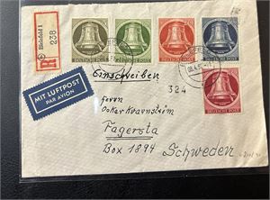 BERLIN Mi 82-86 Frihetsklokke på rekbrev til Sverige stemplet "BIELEFELD 8.4.52" (Merkeverdi € 90)