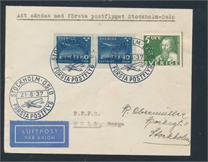 SVERIGE-FØRSTEFLYVNING Stockholm-Oslo 21.6.37. Ankomststemplet "BUREAU D'EXCHANGE D'OSLO" bak