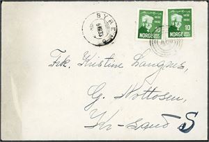 185. To 10 øre Bjørnson på konvolutt, annullert med 4-rings "460" (Håland, Grindheim, VA) og ved siden stemplet "Byremo 6.3.33". Høyre merke med en kort hjørnetagg og konvolutten litt skitten i venstre side.