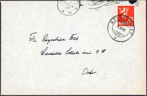 354. 25 øre Løve på konvolutt, annullert med hjelpestempel "Kongsvinger 14.2.49" (HE). Konvolutten med anmerkninger i løvre kant, men dette berører ikke merket.