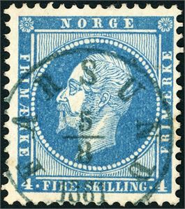 4. 4 skilling Oscar, rettvendt stemplet "Farsund 5.8.1861" i grønnblått.