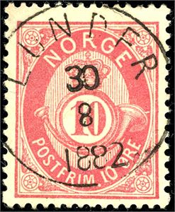 36. 10 øre skravert Posthorn 1879, pent fullstemplet "Lunder 30.8.1882".