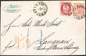15,18. 11 skillings porto til Sveits. 8 skill 8 og 3 skilling Posthorn på brevomslag til Langnau, stemplet "Christiania 2.9.1872". Sveitsisk transittstempel samt ankomststempel på baksiden.