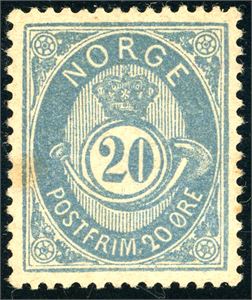 40 IIbyY. 20 øre blå på papir fra Bentse og med stående vannmerke. Liten patinaflekk. Uttalelse Enger. (17.500,-).