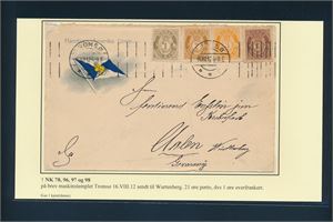 Nk 78, 96, 97 og 98 på brev maskinstemplet "TROMSØ 16 VIII 12" til Aalen, Tyskland. 1øre overfrankert. Oppgitt: 1 kjent