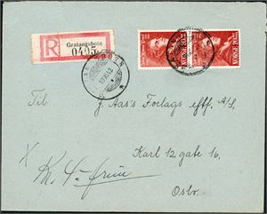 308. To 20 øre Wessel på rekommandert konvolutt, annullert med hjelpestempel "Gratangsbotn 10.11.42" (TR).