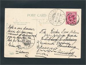 SOUTH AFRICA Postkort sendt fra Durban til Tønsberg, ser ut som omadressert til Glasgow, men ikke stemplet der. To turstempler fra Tønsberg "24 OKT 1905 TUR 1" og "6 NOV 1905 TUR 3"
