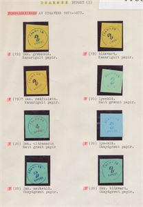 DRAMMEN. Oppsett på A4 ark  med studie av forfalskninger på monteringsark, åtte ulike 1871-1877. Uvanlig.  Disse tror vi er eldre enn "Aarbogh" sine produksjoner…
