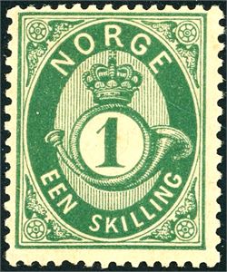 16 Ic. 1 skilling Posthorn i blågrønn nyanse. (2.500,-).