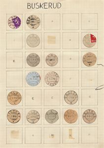 Buskerud Lot med ca 180 stempelklipp fra Buskerud.  Mange uvanlige, stort sett ulike.