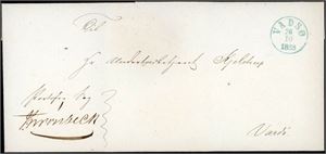 Brevomslag, stemplet "Vadsø 26.10.1853" i blått og sendt portofritt til Vardø. Luksus.