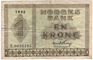 1 krone 1948 Z.0035185 erstatningsseddel. Kv.1-