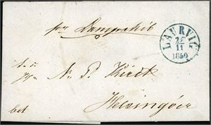 Komplett betalt brev, stemplet "Laurvig 25.11.1850" og sendt til Helsingøer, Danmark. Påskrevet "pr. Dampskib".