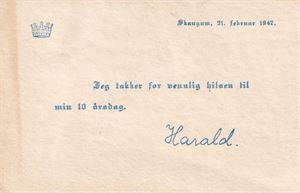 Tema Kongehuset - Takkekort frå prins Harald i anledning 10-årsdagen