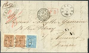 8,10. 52 skillings porto til Frankrike. 4 skill og et horisontalt par 24 skill på dobbeltvektig brevomslag til Amiens, stemplet "Kragerø 15.9.1865". Ved siden fransk transittstempel. Baksiden med tre franske stempler.