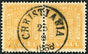 6. 2 skill i horisontalt par, stemplet "Christiania 25.9.1866" midt på.