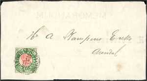 Arendal Bypost nr. 8. 5 øre grønn på en forside av et memorandum, tydelig fullstemplet "Arendal Bypost 22.10.1887".