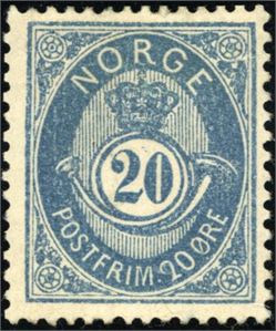 40 II bx. 20 øre blå 1883. (5.750,-).