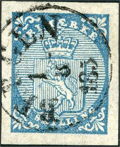 1. 4 skilling våpen 1855 med speilvendt vannmerke, stemplet "Bergen 1.8.1856". Gode marger. Pos. D 27. Attest FCM.
