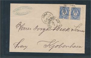 Nk 17 x2 (et med skade) på helbrev til København stemplet "CHRISTIANIA 4-9-1875" og "CHRA 8E BYP". Avsender Gunerius Pettersen