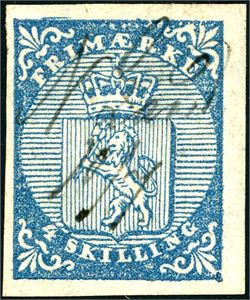 1. 4 skilling våpen 1855, anert med håndskrevet "N. Land 10/7". Tre gode marger, litt smal i venstre side.