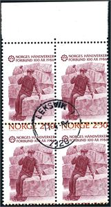 992. Kr 2,50 Håndverker variant "Sterkt feilperforert" i 4-blokk, stemplet "Leksvik 11.4.84".