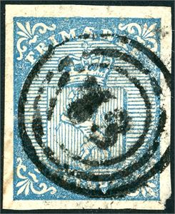 1. 4 skilling våpen 1855, anert med nummerstempel "73" (Folden, NO, 10 pkt). Normale marger.