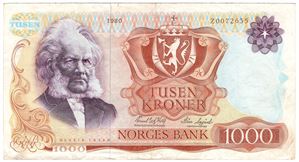 1000 kroner 1980 Z.0072635 erstatningsseddel. Kv.1/1-