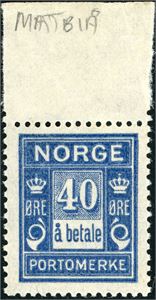 P 15 b. 40 øre "å betale" i matt blå nyansen. Arkmark i øvre kant. (3.700,-).
