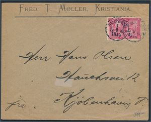 NK 115. 20ø Eidsvoll på brev st "Hälsingborg 1-8-1914". Firmalogo fra Kristiania og sent til Kjøbenhavn, Interessant brev.