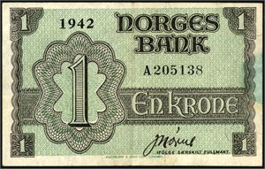 1 krone London 1942, serie A 205138. En svak blå skjold i høyre side, sees lite fra revers. 1-