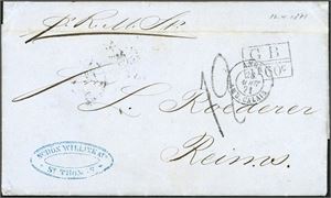 A complete letter from St. Thomas to Reims, France with "GB 1F 60c"- and "Angl. Amb. Calais 26 may 71" postmarks and "12" (decimes) postagenumber on front. Six postmarks on reverse as "St Thomas Au 1 71", "London May 26 71" and "Paris 27 May 71".