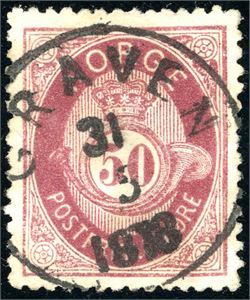 30. 50 øre skravert Posthor, fullstemplet "Graven 31.5.1878" (HO).