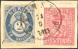 17 bb,15b. 2 skilling Posthorn i matt grønnblå nyansen sammen med en 8 skill 8 på lite brevstykke, stemplet "Grimstad 21.9.1873".