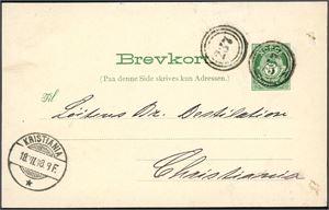 5 øre Brevkort, datert "Grimstad 16/7 98", annullert med 3-rings "237" (Brukt som hjelpestempel på Brevik-Kristiansand) og ved siden ankomststemplet "Kristiania 18.7.89".