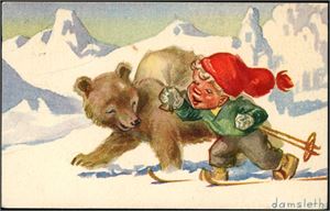 Damsleth. Gutt på ski med bjørn. Damsleth 707. Brukt i 1944. K-2