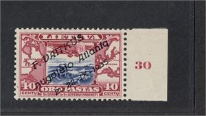 LITAUEN 1935 FLYGPOST,  Mi 404, 40 c rosa och azurblå med det sällsynta Vaitkus-övertrycket. Postfriskt