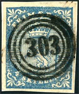 1. 4 skilling våpen 1855, anert med nummerstempel "303" (Thingvold, MR, 7 pkt). Normale- til smale marger.