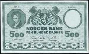 500 kroner 1964, serie A.1904681. Stiv og fin, men med de 2 vanlige brettene. Meget pen seddel. 1+