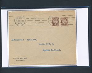 Nk 102 x2 på dobbeltvektig brev maskinstemplet "STAVANGER 4 III 20 6-9 E" til Berlin, Tyskland