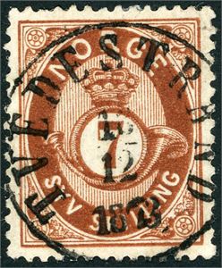 21. 7 skilling Posthorn, rettvendt fullstemplet "Tvedestrand 18.12.1873".