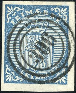 1. 4 skilling våpen 1855, anert med et tydelig "306" (Throndhjem, ST). To gode- og to smale marger.