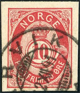53 VI vt 1. 10 øre 20 mm, variant "Utagget", pent stemplet "Larvik 12.12.91". Gode marger.