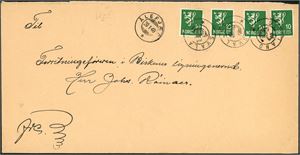 202. Fire 10 øre Løve på konvolutt, anert med KPH "Svaland" (AA, 8 pkt), og ved siden stemplet "Ålefjær 30.1.40".