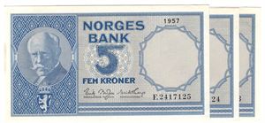 5 kroner 1957 F.2417123-25 i serie. Usirkulert med noen anm. Ca.Kv.0/01