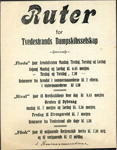 10 ulike plakater/rutetabeller for skip som har gått på Sørlandet.