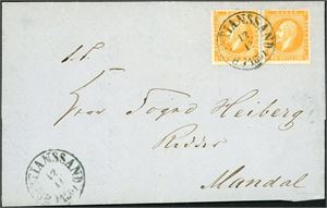 2. 2 skilling Oscar i horisontalt par på komplett brev, stemplet "Christianssand 12.12.1861".