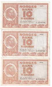 10 kroner 1971C, -72E og -73N