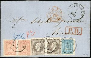 3,8,9. 26 skillings porto Frankrike. Horisontalt par av både 3 skilling Oscar og 8 skill samt en enkel 4 skill på komplett brev til Amiens, stemplet "Riisøer 9.4.1866". Ved siden fransk transittstempel og på baksiden 6 stempler hvorav "Sandøsund", "Lübeck Lauenburg", "KDOPA Hamburg" og ankomststempel.